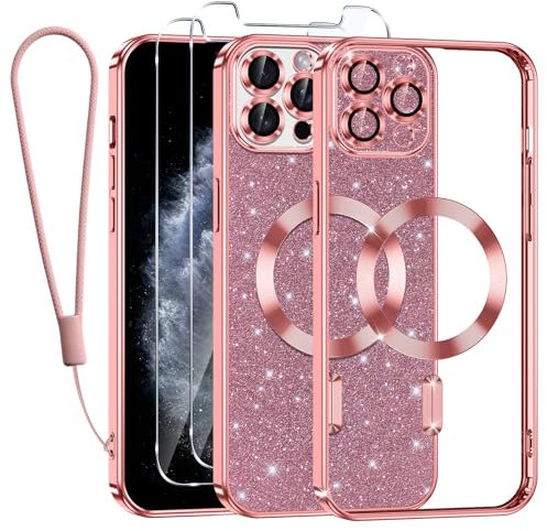 Kokio Glitter Magnetica Cover per iPhone 11 Pro con Cordino, Compatibile con MagSafe, Brillantini Sottile Silicone TPU Antiurto Custodia per iPhone 11 Pro con 2 Vetro Temperato Bumper, Rosa