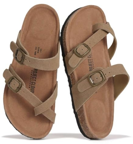 Project Cloud 100% Genuine Leather Womens Sandals -Lightweight Womens Slides Memory Foam Insole & Cork Footbed Sandals Women - Non-Slip Beach Essentials Summer Sandals for Women 2026(Lian,CHSTNUT,8)