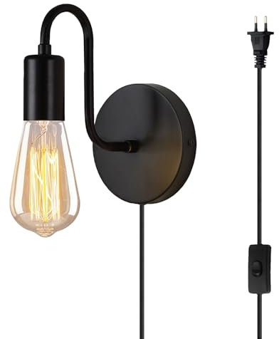 ANKBOY Vintage Wandleuchte mit Schalter und Stecker Innen Wandlampe mit Kabel Steckdose Schwarz Metall E27 Lampe Industrial Retro Wandbeleuchtung für Wohnzimmer Schlafzimmer Loft, Ohne Lichtquelle