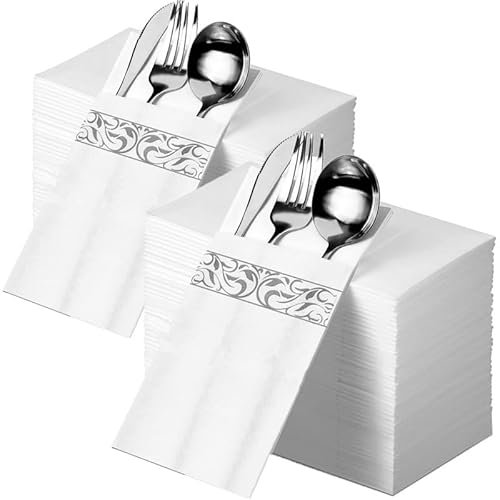 CHEERDO Lot de 100 serviettes jetables en tissu - Poche intégrée pour couverts - Pour fête de mariage - Blanc au toucher lin - Pré-pliées pour couverts (Gris 100)