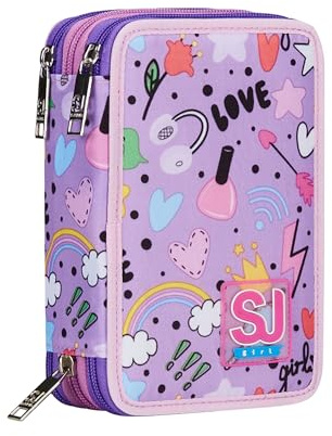 SJ GANG STYLE JAM GANG Astuccio Scuola 3 Zip, Rosa, Cute Notes, Portapenne Triplo Scomparto Completo Di Penne, Matite, Colori, Accessori Zaino, Elementari, Medie, Bambina, 30C202450-3D8