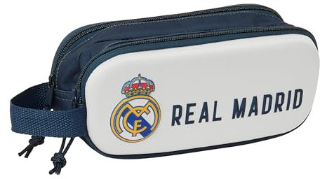 safta Real Madrid Trousse Double 3D pour Enfants d'âge Scolaire, Confortable et Polyvalente, qualité et résistance, 21 x 6 x 8 cm, Blanc/Bleu Marine, Blanc/Bleu Marine, Estándar, Décontracté