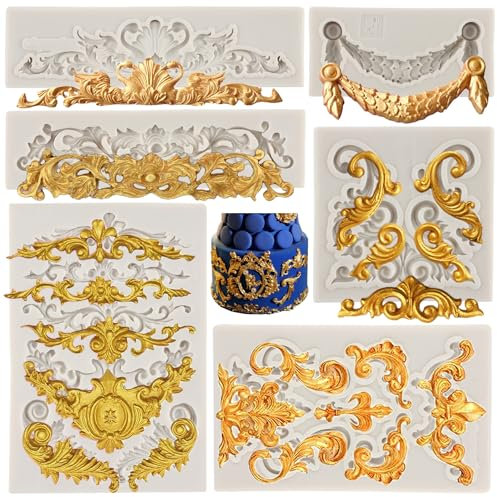 MYPRACS Lot De 6 Moules En Silicone De Style Baroque Pour Décoration De Cupcakes, Décoration De Gâteaux, Bonbons Au Chocolat, Argile Polymère, Pâte De Gomme