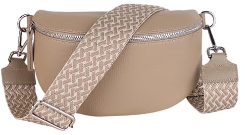 MIRROSI® Bauchtasche Damen, Echtleder, Made in Italy, Umhängetasche, Brusttasche, Crossbody Bag (1 Tasche & 2 Gurte) (Helltaupe (Flecht), Kleine Tasche (22x13x6cm))