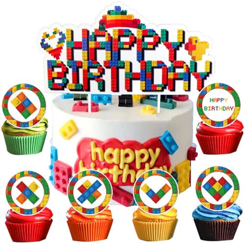YGCHEN 49-Piece Cake Decoration Building Blocks Cupcake Topper Set - Happy Birthday Cake Topper, Multicolored