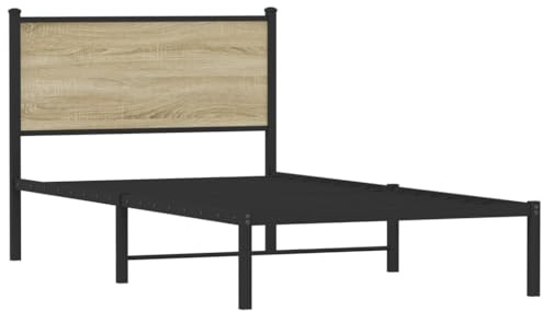 vidaXL Bettgestell, Metallbett Bett mit Kopfteil, Bettrahmen mit Lattenrost, Einzelbett für Schlafzimmer, Metall Sonoma-Eiche 100x200cm