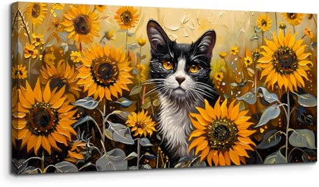 MHARTK66 Katze und Sonnenblumen Leinwand Bilder, 50x100 cm Groß Wandbilder Wohnzimmer Gelb Blumen Bild Aesthetic, Modern Wanddeko Kunstdruck Schlafzimmer Badezimmer Büro Esszimmer Küche