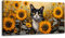 MHARTK66 Katze und Sonnenblumen Leinwand Bilder, 50x100 cm Groß Wandbilder Wohnzimmer Gelb Blumen Bild Aesthetic, Modern Wanddeko Kunstdruck Schlafzimmer Badezimmer Büro Esszimmer Küche