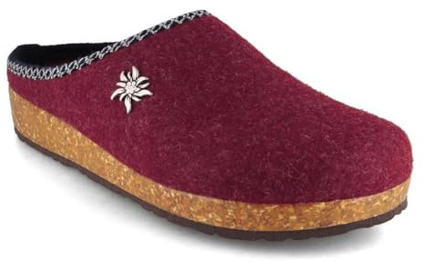 Tuffeln Edelweiß Hausschuhe Damen Filz-Pantoffeln Clogs mit Korkfußbett und Edelweiß Applikation vegan, Bordeaux, Gr. 42