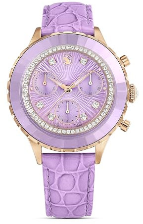 Swarovski Montre Octea Chrono, Lunette pavée de Cristaux, Bracelet en Cuir Italien Violet façon Crocodile, chronographe Suisse Quartz, étanche 50 m, boîtier 37 mm PVD Finition Or Rose