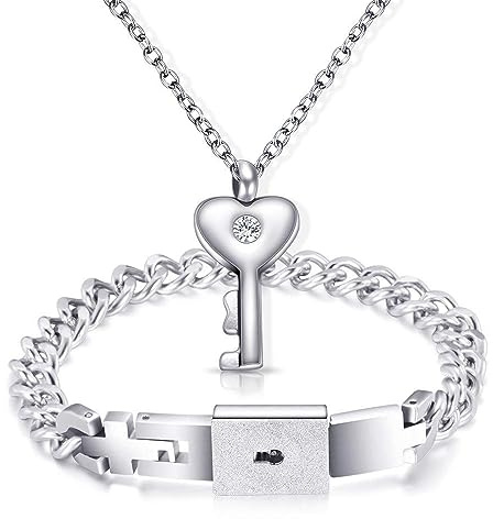 JewelryWe Schmuck 2pcs Armband Halskette Pärchen Schmuckset, Edelstahl Herz Sperren Armreif & Schlüssel Hundemarke Dog Tag Anhänger Kette Set Valentinstagsgeschenk für Herren Damen