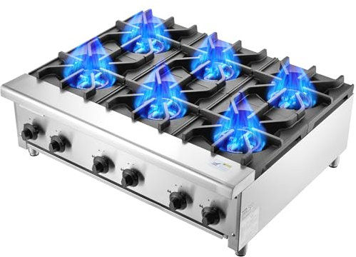 VEVOR Kommerzieller Gasherd Gaskochherd mit 6 Gaskochfelder, Propan/Erdgas-Kochherd Edelstahl-Gaskochplatte, kommerzielles Kochgerät 915 x 775 x 335 mm für Restaurants Hotel Café 42 kW