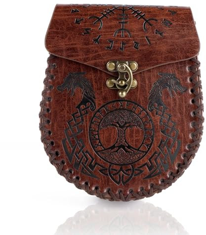 HTTYHT Vintage Gürteltasche mit Nordischer Prägung PU Leder Würfeltasche Mittelalterliche Kunstledertasche Tragbare Münzbörse Mittelalter Seitentasche Piratenkostüm Zubehör für Herren Damen Kinder