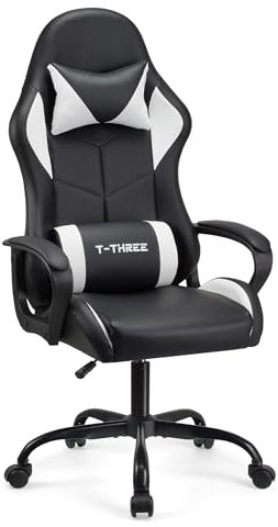 T-THREE.Ergonomischer Leder Gaming Stuhl Bürostuhl Drehstuhl Computerstuhl Rennstuhl Lederstuhl höhenverstellbar, mit Kopfstütze und Lendenwirbelstütze(Weiß)