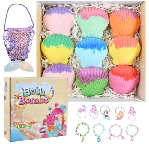 Mapille 9 Stück Badebomben für Kinder mit Überraschung im Inneren, Badekugeln mit Meerjungfrau Armbänder, Schmuck Tasche, Geburtstag-Badebomben Geschenkset für Mädchen & Kleinkinder im Alter von 3-12