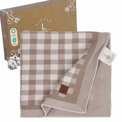 Little Dedi Baby Strickdecke, GOTS-Zertifiziert 100% Bio-Baumwolle mit Glücksbringer Kleeblatt, weich & leicht, ideal zum Pucken und Kuscheln im Geschenkbox (Mocha - Beige, Kariert)