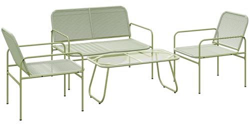 Outsunny Salon de Jardin extérieur en résine tressée 4 Places avec canapé 2 Places, 2 fauteuils, Table en Verre trempé, Cadre en Acier, mobilier de Jardin pour Balcon terrasse, Vert