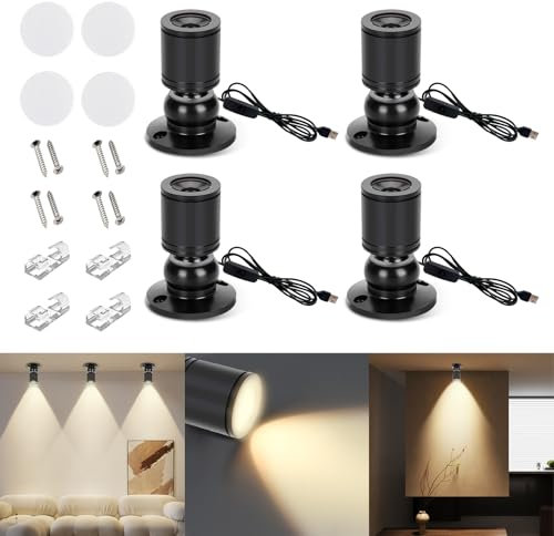 AMFUN 4PCS 360° Schwenkbar Aluminium Spotlight, 5V 1W Mini LED Spot Licht, USB-Dimmbarer LED-Strahler für Zuhause, Hotel, Schmuck, Dekoration, Malerei, Pflanzen, Weinschrank (4000 K Neutrales Licht)