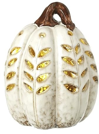 Heaven Sends Zucca in ceramica bianca illuminata a LED, decorazione autunnale a forma di zucca con foglie intagliate, funzionamento a batteria, decorazione stagionale per la casa