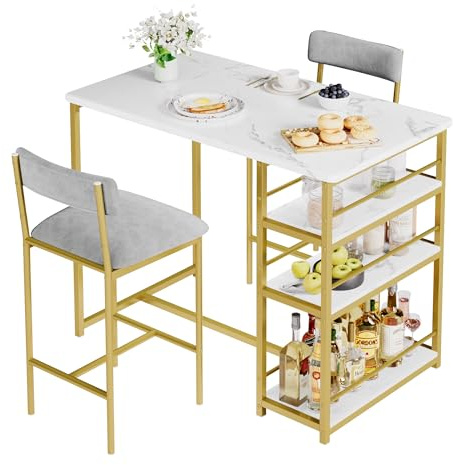 2 Seater Dining Table and Chairs Set, Kitchen Breakfast Bar Table Set with 2 Upholstered Chairs and 3-Tier Storage Shelves for Dining Room, Bistro, Gold Marble Effect & Grey