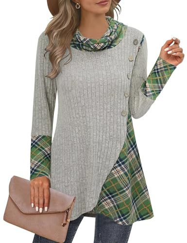 GUUKA Women's Long Sleeve Jumpers Casual Patchwork Crew Neck Tunic Tops Fall Winter Lightweight Sweaters Buttons Side