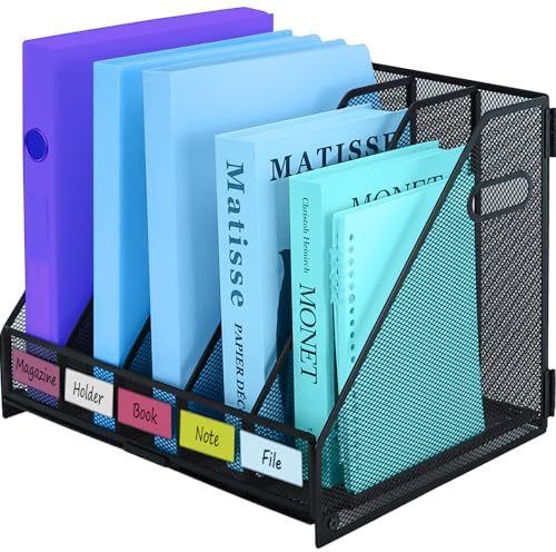 TSDRBWO Organiseurs de bureau en métal avec 5 compartiments verticaux pour dossiers, classeurs, organiseurs de documents pour la maison, le bureau et la salle de classe,noir