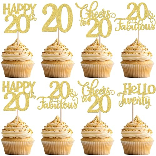 30 Stück 20th Geburtstag Tortendeko Glitzer Hello Twenty Cheers to 20 Fabulous Cupcake Toppers Happy 20 Kuchen Deko für 20th Geburtstag Jahrestag Party Kuchen Dekoration Gold