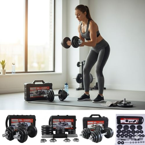 Adjustable Cast Iron Dumbbell Barbell Weight Set 15kg 20kg 30kg 50kg for Men & Women | Spinlock Chrome Bars | Home Gym Fitness Strength Training Equipment