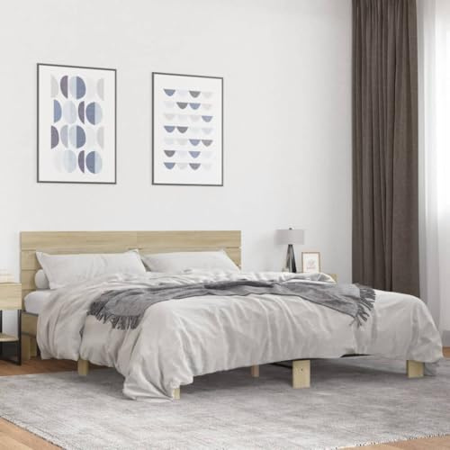 Runheo Sonoma-Eiche Bettgestell 200x200 cm, Holzwerkstoff und Metall, stabiles Plattformbett für erholsamen Schlaf, modernes Schlafzimmer Möbel, langlebiges Bett