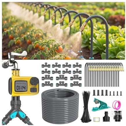 CyberOrd 30M Kit di Irrigazione a Goccia con Timer per Giardino, 20 Ugelli Regolabili a 360°, Tubo 1/2'', Irrigazione Automatica per Agricoltura, Prato, Orto, Serra e Piante in Vaso