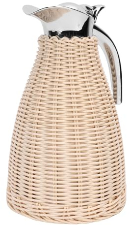 Ausla Carafe à café Thermique en Acier Inoxydable, Corps en Rotin tissé à la Main, Pichet Isotherme de 1,5 L pour Boissons Chaudes et Froides (Beige)