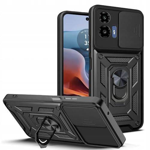 Techsuit für Motorola Moto G34 Moto G45 Hülle mit Kamera Abdeckung, Ringhalter, Standfunktion, Magnetische Autohalterung Kompatibel, Erhöhte Kanten, CamShield Series, Polycarbonat, Schwarz