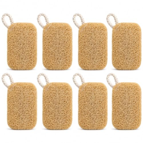 Lufa Natural 8 Piezas - Estropajo Luffa Cocina con Gancho | 9x7 cm Esponja de Lufa Natural, con Anilla y Gancho, para Vajilla, Baño, Ducha y Camping