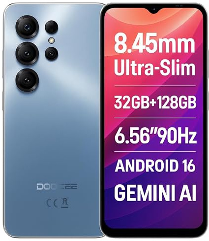 DOOGEENEXT Note 56X PRO Android 16 Smartphone ohne Vertrag, 8,45mm Ultraflach&Leicht, 32GB+128GB, 6,56 90 Hz, 4G Handy, 13MP+8MP Kamera, 6150mAh Akku, Dual SIM, Gemini AI, Fingerabdruck NFC GPS Blau