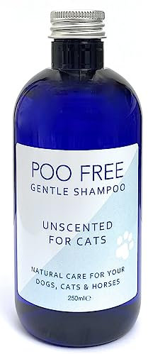 99% Natürliches Shampoo - FÜR Katzen - OHNE PARFÜM für EMPFINDLICHE KATZEN-250 ml - von POO FREE - Ohne Sulfat, Ohne Silikon, Ohne Parabene. Konzentriert, Beruhigt, Hydratisiert, Lindert Juckreiz.