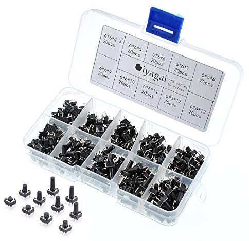 Oiyagai Kit de 200 Piezas de Interruptores de Botón Pulsador Táctil Micro Momentáneo, 6 x 6mm, 10 Valores, 4 Pines