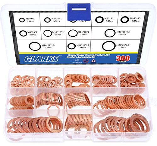 Glarks - Set di 300 rondelle di tenuta in rame ad anello piatto metrico, 8 misure di M6 M8 M10 M12 M14 M16 M18 M20