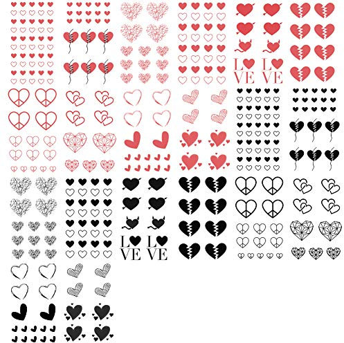 Everjoy Rouge Noir Coeurs D'amour Tatouages Temporaires 15 Modèles 2 Couleurs 360 Modèles, Autocollants De Tatouage De Décalque De Saint-Valentin Imperméables pour Femmes