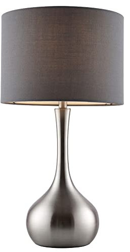National Lighting Modern Table Lamp - 3-Stage Dimmer Touch Lamp for Desk - Bedside Reading Lamps for Bedroom - Satin Nickel Effect & Dark Grey Cotton - 40W 240V Incandescent E14 Candle (Not Included)