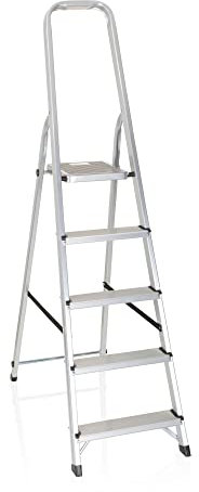 hjh OFFICE 801100 Solid III Escabeau Pliant en Aluminium avec 5 marches et Barre de sécurité Charge Max. 150 kg Argenté
