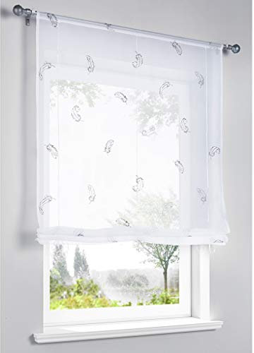 SIMPVALE Gardinen, Fenstervorhang mit Federn Bestickt Voile-Vorhänge für Schlafzimmer, Wohnzimmer, Balkon, Roman Blinds, 100x140cm