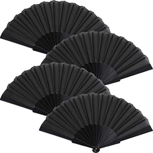 Blulu 4 Stück Handheld Faltventilator fächer groß Chinesischer handfächer Fan Orientalischer Tuch Stoff Fan für Tanz, Party, Hochzeit Geschenke, DIY Dekoration, Haus Dekorationen (Schwarz)