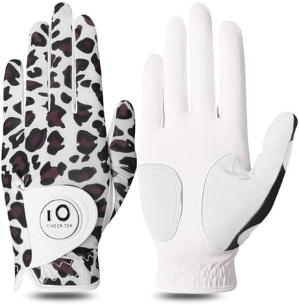 FINGER TEN Golfhandschuhe Damen Leder Links Rechts Hand Golfhandschuh Golf Handschuhe mit Ball Marker Wert 1 Stück Handschuh, Rain Grip Griff Linke Rechte Golfer (Marron, L, Links)
