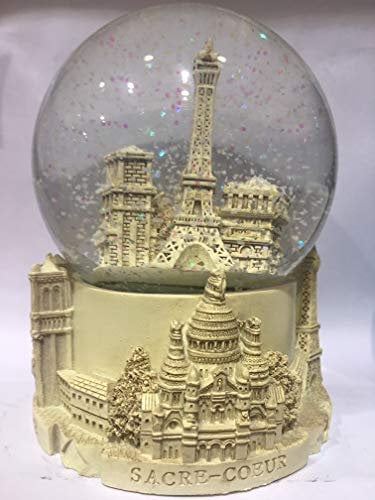 VIANAYA Schneekugel Eiffelturm und Sehenswürdigkeiten von Paris – Elfenbeinoptik – groß 14 cm – Sockel aus hochwertigem Harz und Globus aus Glas – 3D-gravierte Parisdenkmäler – glitzernder Schnee