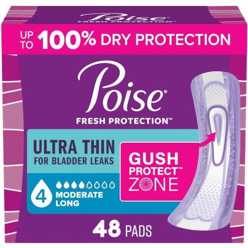 Poise Ultra Thin Incontinence Pads & Postpartum Pads for Bladder Leaks, 4 Drop Moderate Absorbency, Long Length, 48 Count, Packaging May Vary