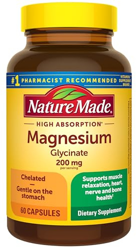 Nature Made Magnesium Glycinate 200 mg per Serving, Magnesium Supplement for Muscle, Heart, Nerve and Bone Support, 60 Magnesium Bisglycinate Capsules, 30 Day Supply