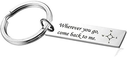 AMDXD Porte-Clés Pas Cher, Chaine Porte Clé Acier Inoxydable Plaque Militaire Gravure wherever you go come back to me, Argent, 4.5 X 1CM