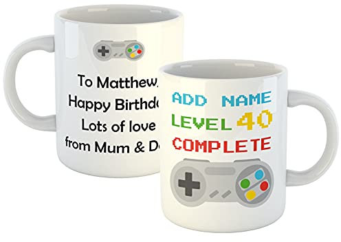 40th Birthday Mug Personalised Gift for Gamers (11oz) Add Any Name, Level 40 Complete Custom Gift for 40th Birthdays