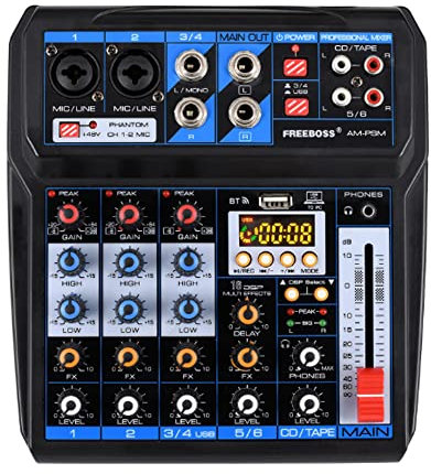 Mezclador de DJ de 6 canales, interfaz de audio, consola de placa de sonido, USB/MP3/Bluetooth/DJ con interfaz digital de 48 V Phantom Power Stereo para transmisión de Youtube en vivo/PC/estudio de