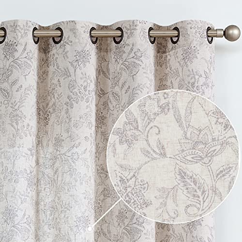 Lazzzy Leinen-Bauernhaus-Vorhänge für Wohnzimmer, 228,6 cm Länge, halbfloraler Druck, Fenstervorhang für Schlafzimmer, Landhauslichtfilterung, Vorhang mit Ösen, 2 Paneele, Grau auf Beige